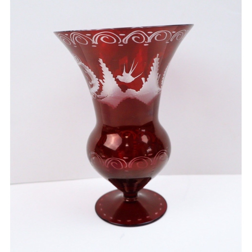 Vintage Bohemian Ruby Red Cut to Clear Glass Trumpet Vase 6"